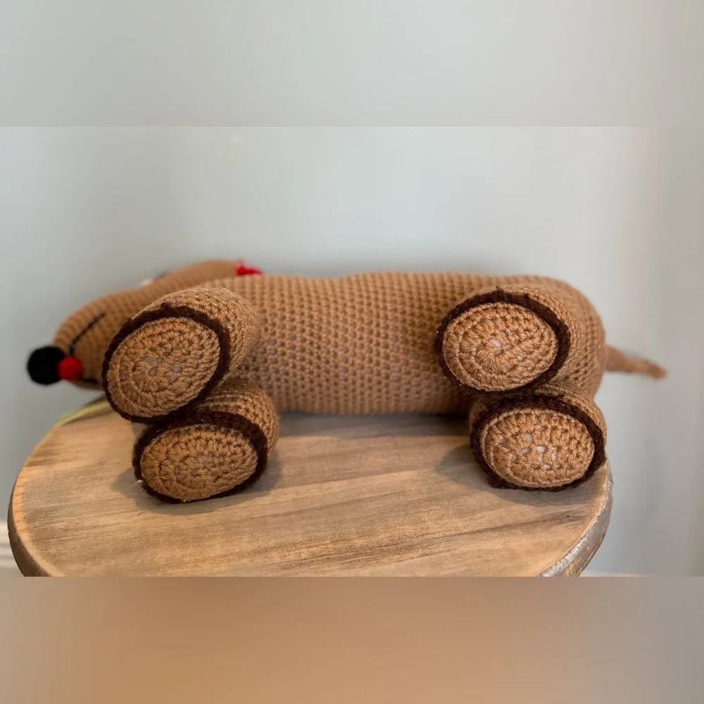 Handmade dachshund Holiday brown and black weenie dog with red collar crochet